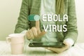 Text sign showing Ebola Virus. Conceptual photo a viral hemorrhagic fever of huanalysiss and other primates Business woman sitting