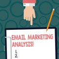 Text sign showing Email Marketing Analysis. Conceptual photo Examining the sending of messages to customer Hu analysis Hand