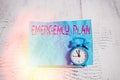 Text sign showing Emergency Plan. Conceptual photo Procedures for response to major emergencies Be prepared Mini blue alarm clock Royalty Free Stock Photo