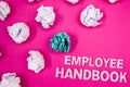 Text sign showing Employee Handbook. Conceptual photo Document Manual Regulations Rules Guidebook Policy Code Text Words pink back