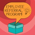 Text sign showing Employee Referral Program. Conceptual photo hire best talent from employees existing networks Idea icon Inside