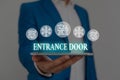 Text sign showing Entrance Door. Conceptual photo Way in Doorway Gate Entry Incoming Ingress Passage Portal Male human