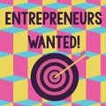 Text sign showing Entrepreneurs Wanted. Conceptual photo looking for a demonstrating willing to start a business Color