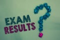 Text sign showing Exam Results. Conceptual photo An outcome of a formal test that shows knowledge or ability Crumpled papers formi