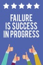 Text sign showing Failure Is Success In Progress. Conceptual photo You have to make mistakes for improvement Men women hands thumb