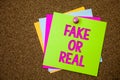 Text sign showing Fake Or Real. Conceptual photo checking if products are original or not checking quality Postcards various colou Royalty Free Stock Photo