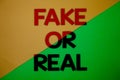 Text sign showing Fake Or Real. Conceptual photo checking if products are original or not checking quality Yellow green split back Royalty Free Stock Photo