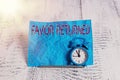 Text sign showing Favor Returned. Conceptual photo Good deed for someone who has done a good deed for you Mini blue alarm clock
