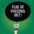 Text sign showing Fear Of Missing Out. Conceptual photo Afraid of losing something or someone stressed Blank Oval Color