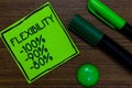 Text sign showing Flexibility 100 90 80. Conceptual photo How much flexible you are maleability level Written on sticky note two m Royalty Free Stock Photo