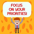 Text sign showing Focus On Your Priorities. Conceptual photo Make a plan based on important things to do Man Standing