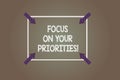 Text sign showing Focus On Your Priorities. Conceptual photo Make a plan based on important things to do Square Outline with