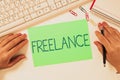 Text sign showing Freelance. Word Written on working at different firms rather than being permanently Notebook With