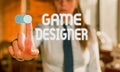 Text sign showing Game Designer. Conceptual photo Campaigner Pixel Scripting Programmers Consoles 3D Graphics Blurred Royalty Free Stock Photo