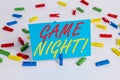 Text sign showing Game Night. Conceptual photo usually its called on adult play dates like poker with friends Colored