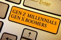 Text sign showing Gen Z Millennials Gen X Boomers. Conceptual photo Generational differences Old Young people Keyboard orange key
