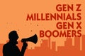Text sign showing Gen Z Millennials Gen X Boomers. Conceptual photo Generational differences Old Young people Man holding megaphon
