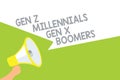 Text sign showing Gen Z Millennials Gen X Boomers. Conceptual photo Generational differences Old Young people Megaphone loudspeake