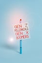 Text sign showing Gen Z Millennials Gen X Boomers. Conceptual photo Generational differences Old Young showing Ballpoint