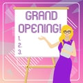 Text sign showing Grand Opening. Conceptual photo held to mark the opening of a new business or public place White
