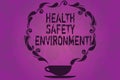 Text sign showing Health Safety Environment. Conceptual photo Environmental protection and safety at work Cup and Saucer with