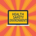 Text sign showing Health Safety Environment. Conceptual photo Environmental protection and safety at work Laptop Monitor Personal Royalty Free Stock Photo