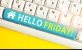 Text sign showing Hello Friday. Conceptual photo you say this for wishing and hoping another good lovely week White pc