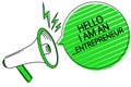 Text sign showing Hello I Am An ...Entrepreneur. Conceptual photo person who sets up a business or startups Megaphone loudspeaker