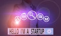 Text sign showing Hello I M A Startup. Conceptual photo Entrepreneur starting business Presenting New project.