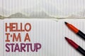 Text sign showing Hello I am A Startup. Conceptual photo Entrepreneur starting business Presenting New project White torn page wri