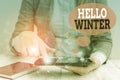 Text sign showing Hello Winter. Conceptual photo coldest season of the year in polar and temperate zones Female human Royalty Free Stock Photo