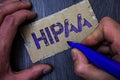 Text sign showing Hipaa. Conceptual photo Health Insurance Portability and Accountability Act Healthcare Law Man working holding b