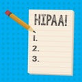 Text sign showing Hipaa. Conceptual photo Health Insurance Portability and Accountability Act Healthcare Law Pencil with
