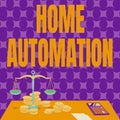 Text sign showing Home Automation. Concept meaning home solution that enables automating the bulk of electronic Balance Royalty Free Stock Photo