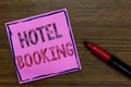 Text sign showing Hotel Booking. Conceptual photo Online Reservations Presidential Suite De Luxe Hospitality Purple