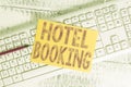 Text sign showing Hotel Booking. Conceptual photo Online Reservations Presidential Suite De Luxe Hospitality White keyboard office Royalty Free Stock Photo