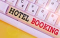 Text sign showing Hotel Booking. Conceptual photo Online Reservations Presidential Suite De Luxe Hospitality White pc keyboard Royalty Free Stock Photo