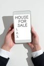 Text sign showing House For Sale. Business idea Real estate property available to purchase opportunity Businessman in