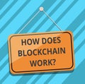 Text sign showing How Does Blockchain Work. Conceptual photo Decentralized money trading cryptocurrency Blank Hanging Royalty Free Stock Photo