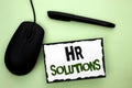 Text sign showing Hr Solutions. Conceptual photo Recruitment Solution Consulting Management Solving Onboarding written on Sticky N