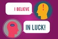 Text sign showing I Believe In Luck. Conceptual photo To have faith in lucky charms Superstition thinking Messenger Room