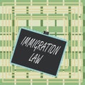 Text sign showing Immigration Law. Conceptual photo Emigration of a citizen shall be lawful in making of travel Stamp stuck binder