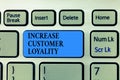 Text sign showing Increase Customer Loyalty. Conceptual photo Consistently buy certain item in a particular shop