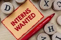 Text sign showing Interns Wanted. Conceptual photo Looking for on the job trainee Part time Working student