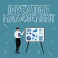 Text sign showing Inventory Management. Concept meaning Overseeing Controlling Storage of Stocks and Prices Businessman