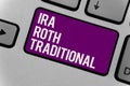Text sign showing Ira Roth Traditional. Conceptual photo are tax deductible on both state and federal Keyboard key office typing c
