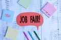 Text sign showing Job Fair. Conceptual photo event in which employers recruiters give information to employees Ballpoints pens