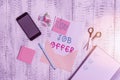 Text sign showing Job Offer. Conceptual photo A demonstrating or company that gives opurtunity for one s is employment Envelope Royalty Free Stock Photo