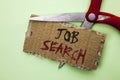 Text sign showing Job Search. Conceptual photo Find Career Vacancy Opportunity Employment Recruitment Recruit written on Tear Card