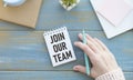 Text sign showing Join Our Team Motivational Call. Conceptual photo Invitation to Work Together Job Offer written Royalty Free Stock Photo